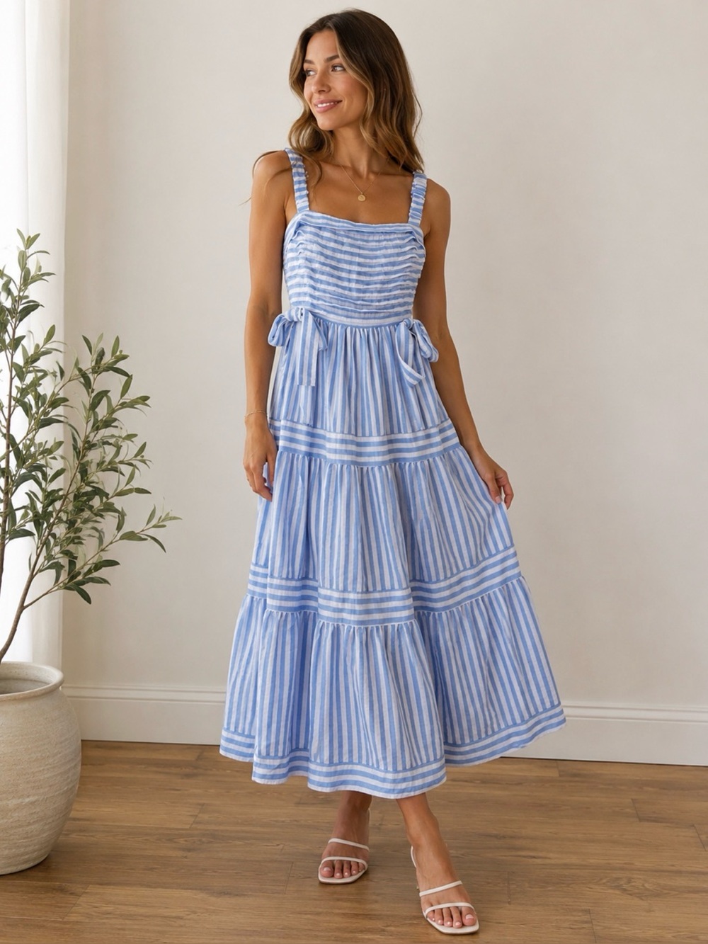 Anthropologie Blue and White Striped Midi Dress